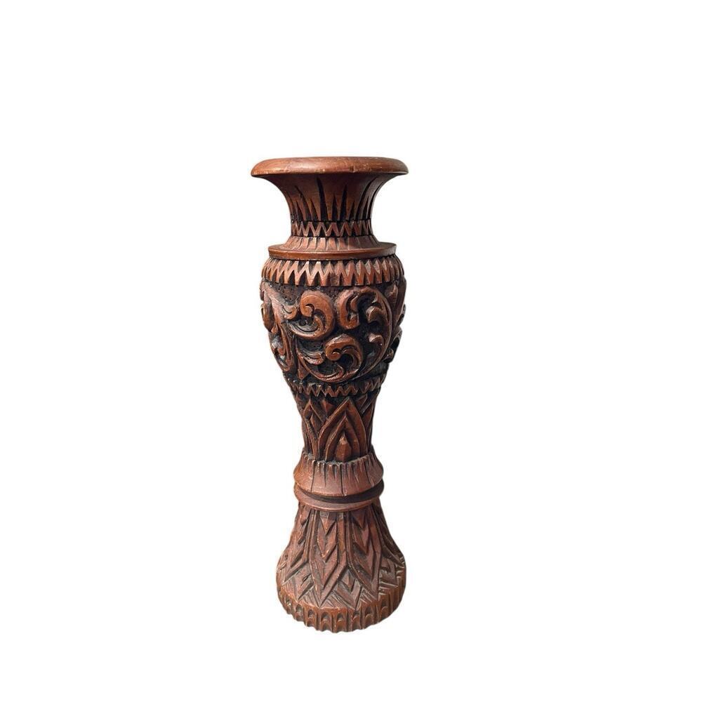 Vintage Hand Carved Wood Vase Candle Stick Holder